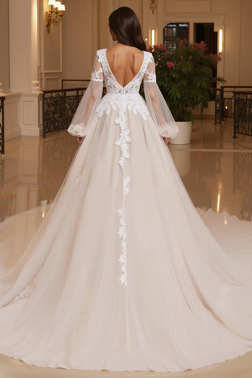 Lone Sleeve V-Neck Ivory A-Line Appliqued Court Train Bridal Dress With Slit